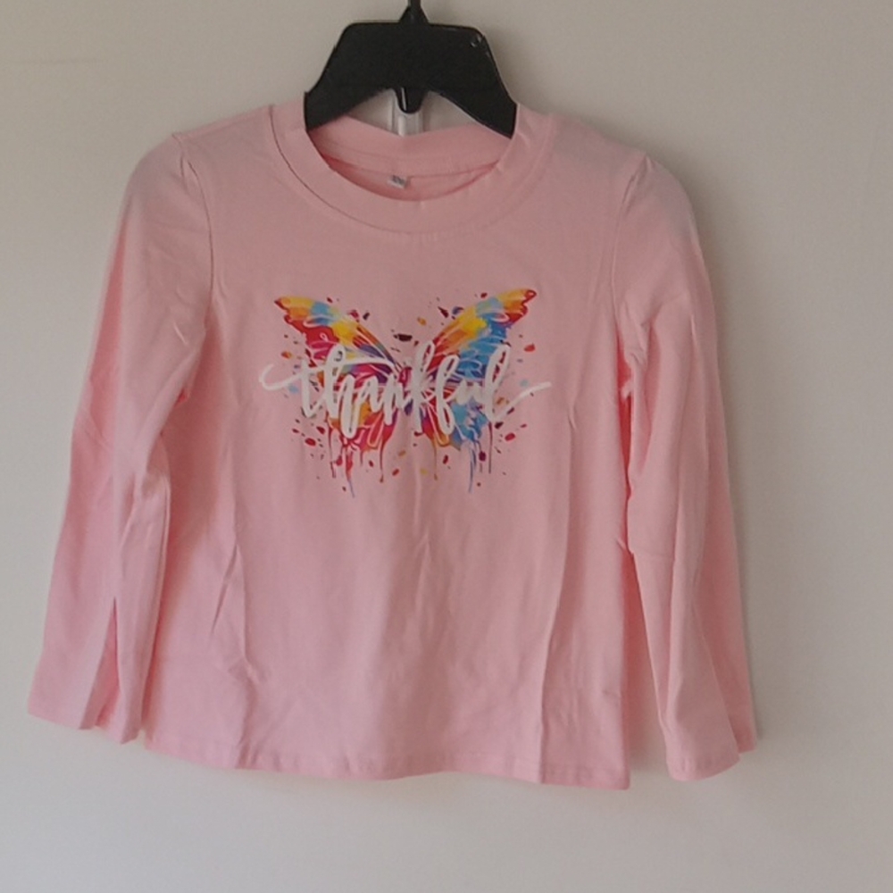 Pink Butterfly Thankful Long Sleeve Girls Shirt Colorful